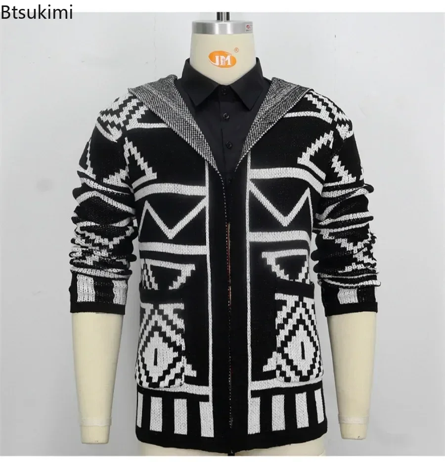 New Vintage Men's Sweater Autumn Winter Knitted Cardigan Sweater Mid-length Jacquard Knitwear Coats Man Clothing 2025 Streetwear