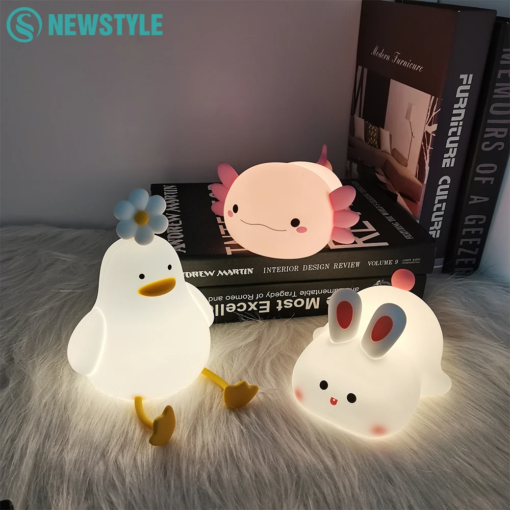 Cute Axolotl Night Light for Kids Bedroom Rabbit Animal Silicone Nursery Sleeping Lamp Touch Control Nightlights For Baby Gifts