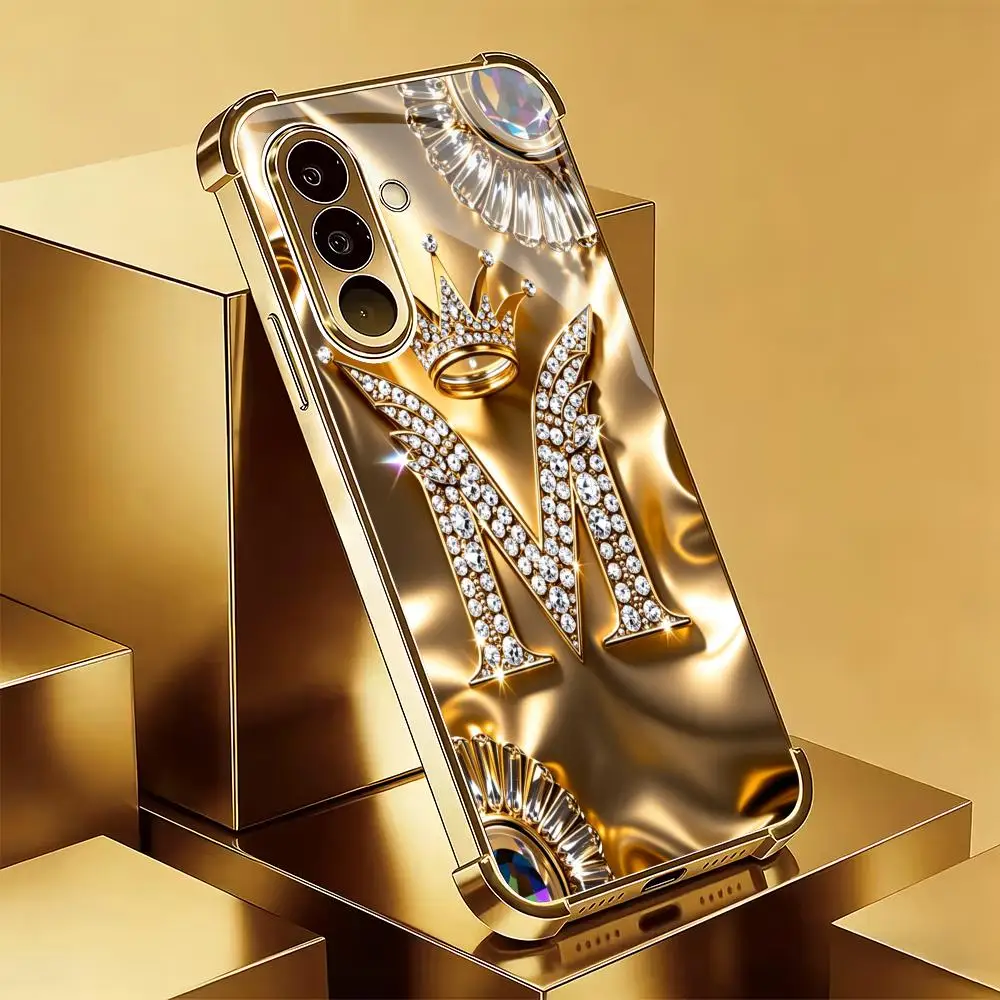 The letter M electroplating anti drop glass phone case is suitable for Samsung Galaxy S26 S25 S24 S22 S21 S20 FE/Ultra/Plus