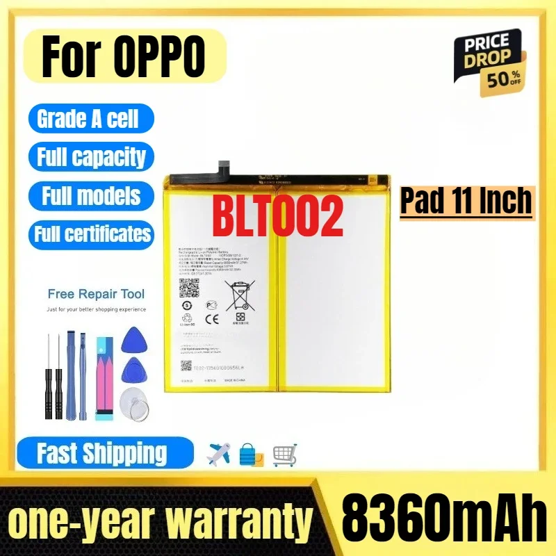 BLT002 for OPPO Pad 11 Inch, Tablet Battery High Quality High Capacity Battery Replacement Bateria Grade A Cell with Tools