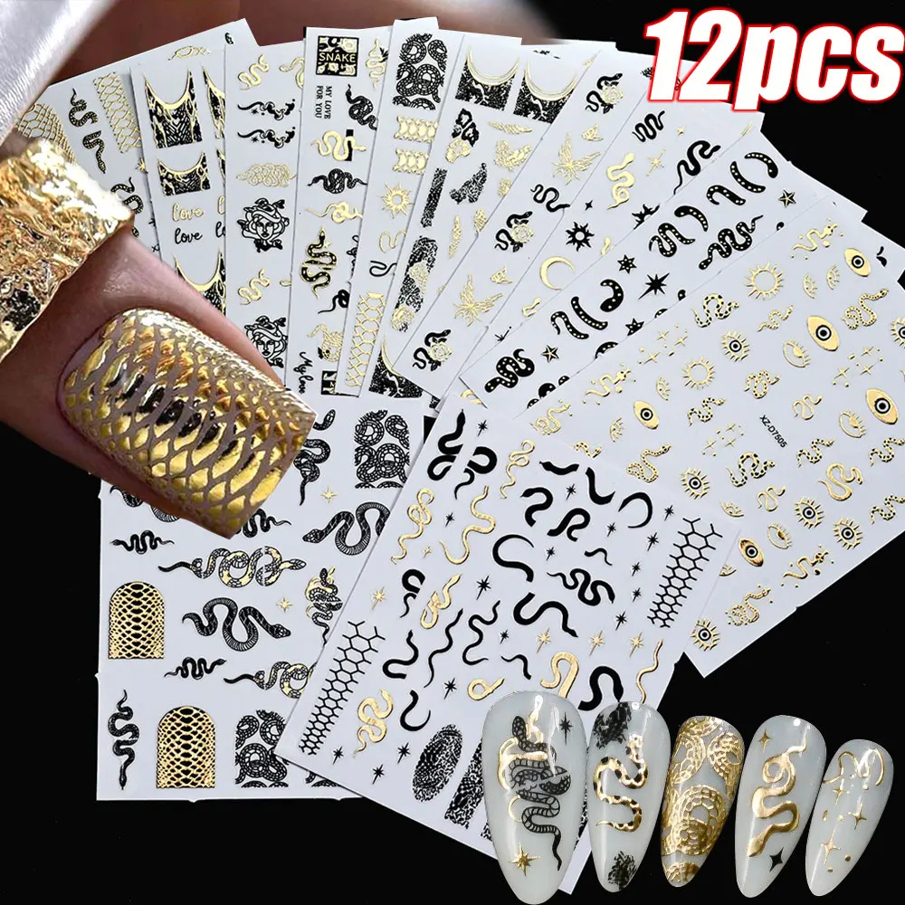 6/12 pièces Brongzing or noir serpent ongles autocollants 5D Sexy serpent imprimé français ongles décalcomanies 8*10 cm auto-adhésif serpent manucure bricolage