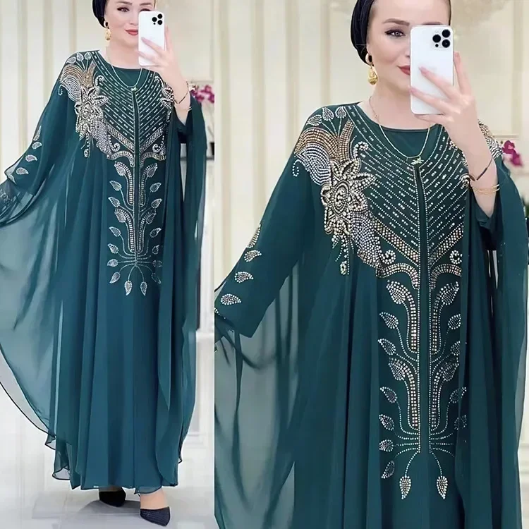 Dubai Turkey Arabic Maxi Dresses for Women Plus Size Chiffon African National Style Muslim Dress Diamond Fashion Loose Abayas