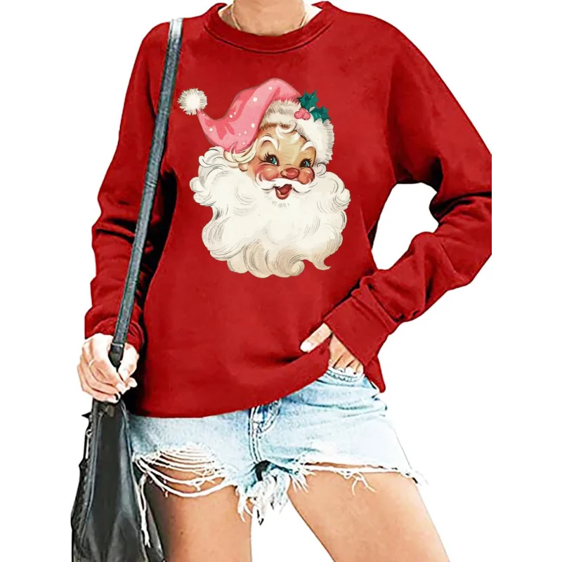 

Women's pink Christmas sports shirtretro Santa Claus pattern shirtfun gift topcasual holiday pullove