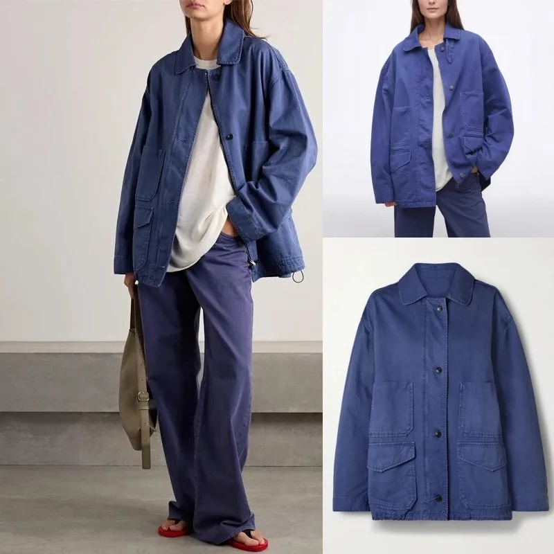 

LUXURY Cowboy Jacket Women's Washed Color Texture Long Sleeved Lapel Shirt Workwear Jacket Pure Cotton 2025