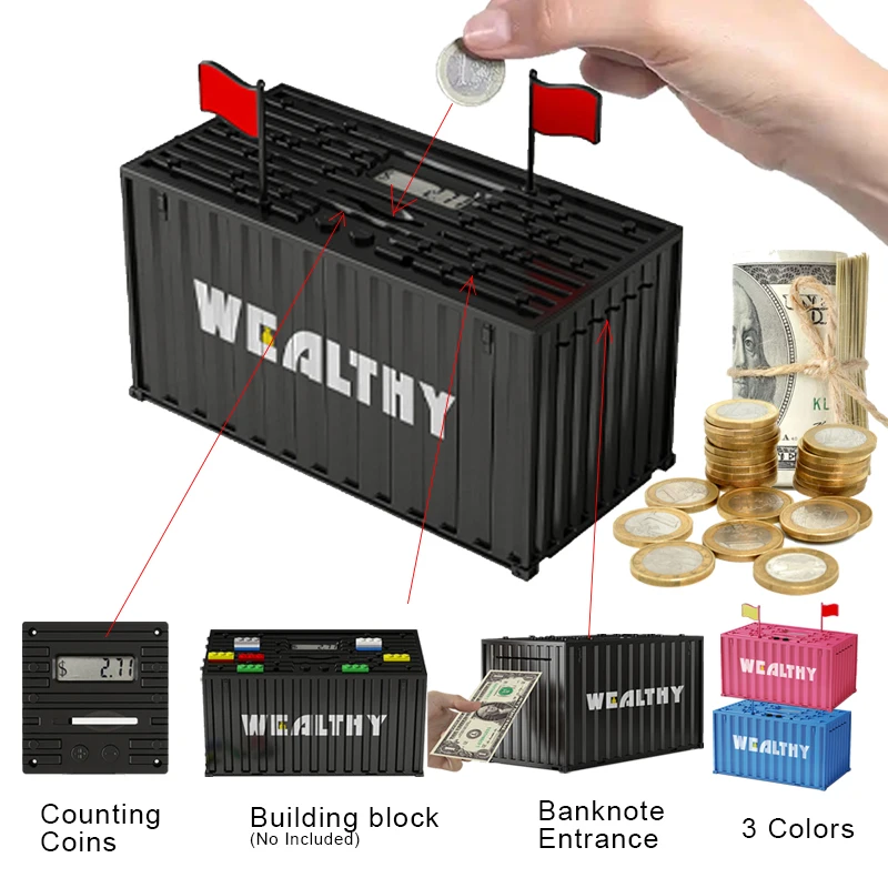 

Intelligent Coin Storage Saving Container, Money Savings Tank for Coins Banknotes, Change Cash Can Building Block for Children