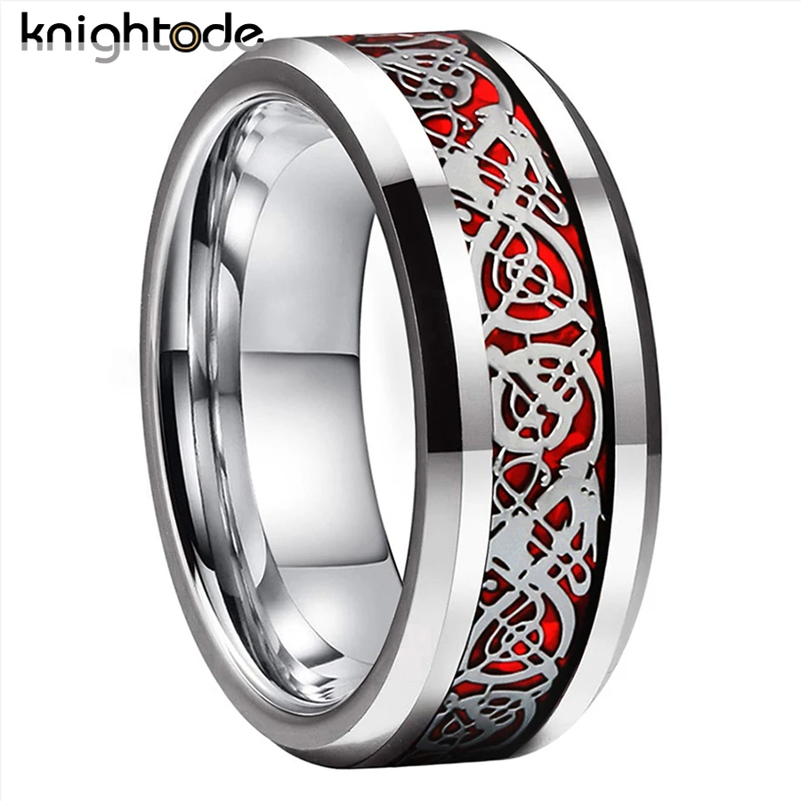 Anello di tungsteno alla moda da 8 mm Drago argentato Opale rosso intarsio per uomo Donna Fede nuziale Bordi smussati Lucido Dropshipping