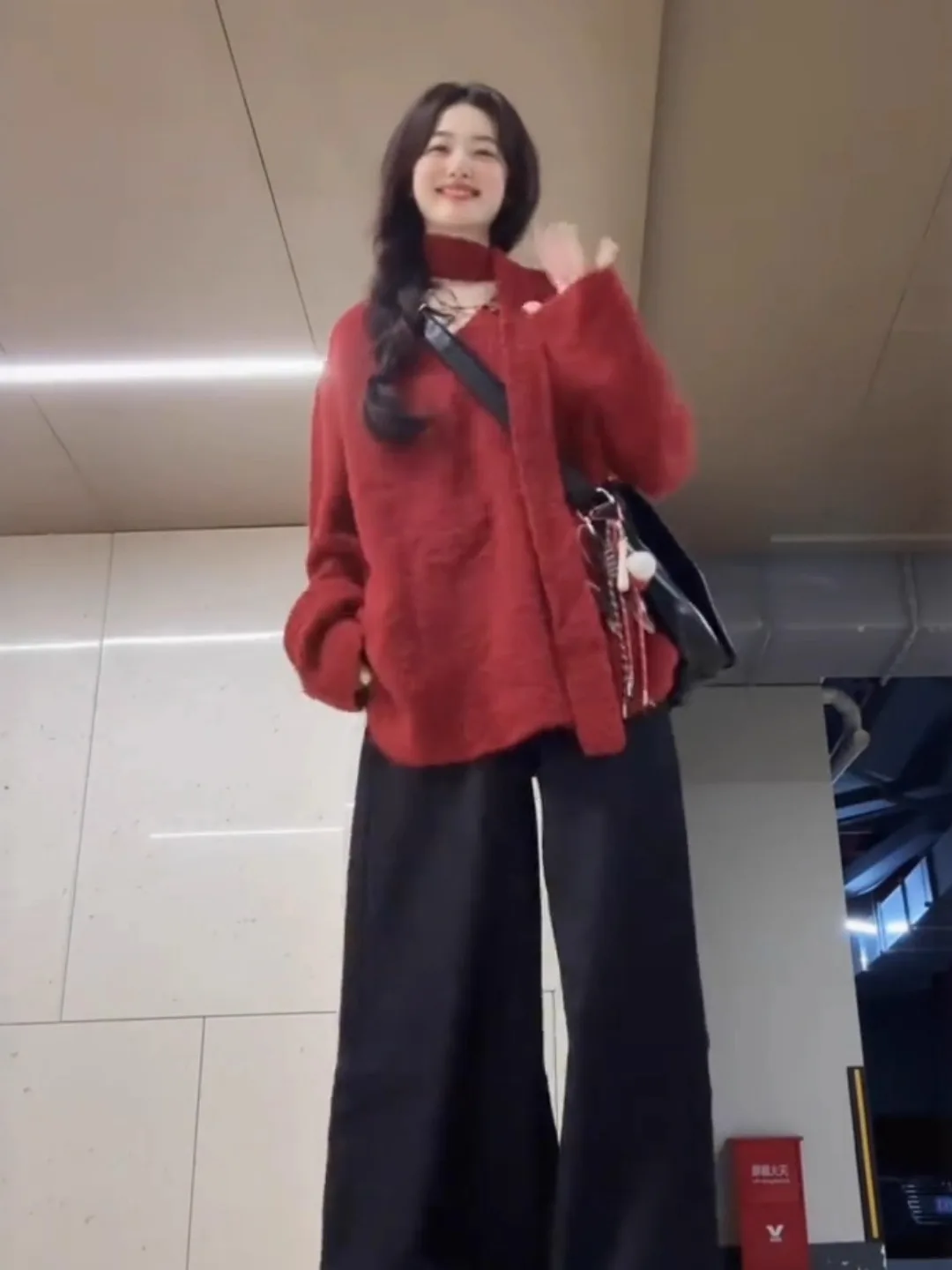 

Свободный свитер средней длины с v-образным вырезом, женский модный осенне-зимний трикотаж, красный ленивый сарафан с шарфом, повседневный удобный топ