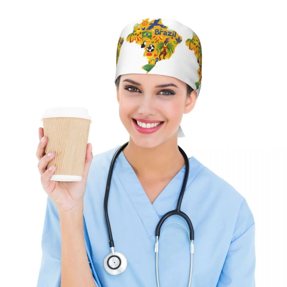 Brazil Abstract Map Scrub Hat Doctor Working Surgical Cap Unisex Adjustable Nursing Caps for Dentist