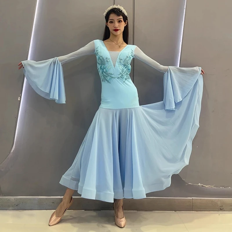 Sky Blue Ballroom Dance Dress Women Fairy Lace Flower Flared Sleeves Prom Waltz Performance Costume Modern Dance Clothes BL11416