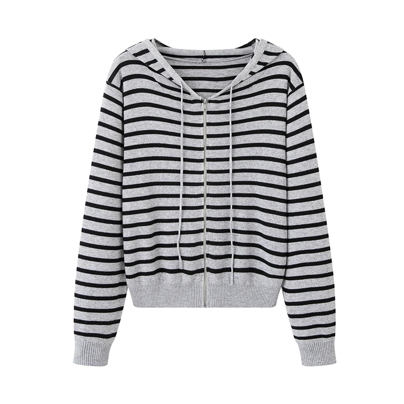 

Slimming Stripe Hooded Zipper Knitted Open Cardigan Women's Faion Versatile Lemon Series Sweater Jaet Autumn New Arrival
