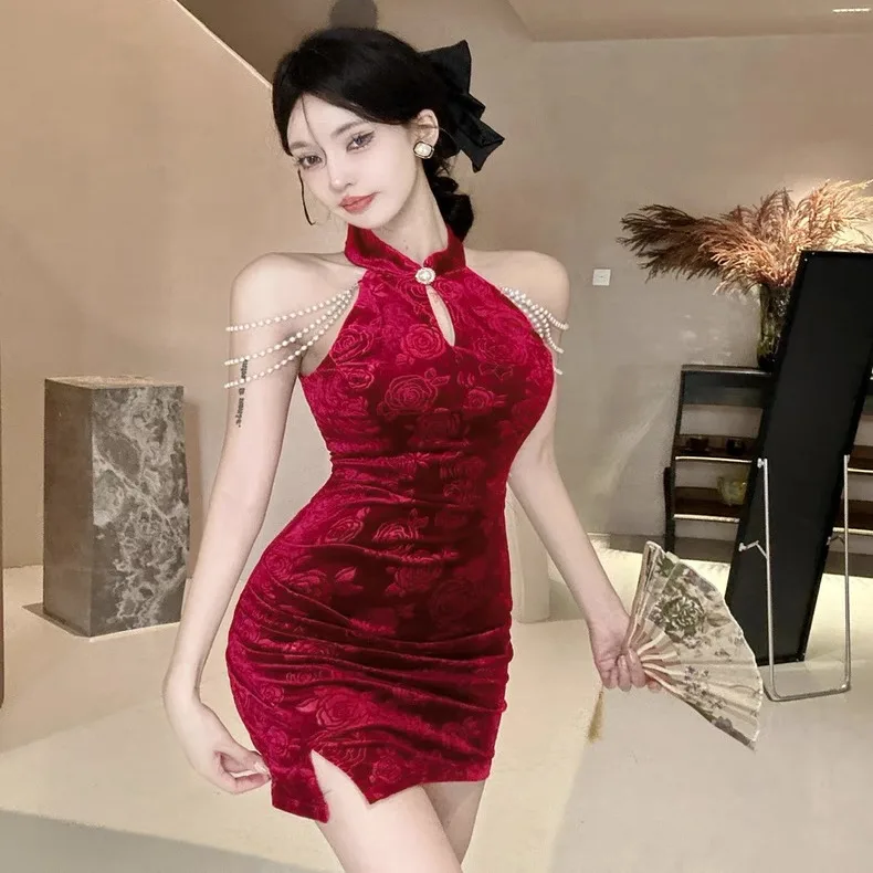 

Красное бархатное платье-ципао Dr Sexy Bodycon в стиле ретро с высоким разрезом, для повседневной носки, с функцией сохранения тепла, без рукавов, однотонное.