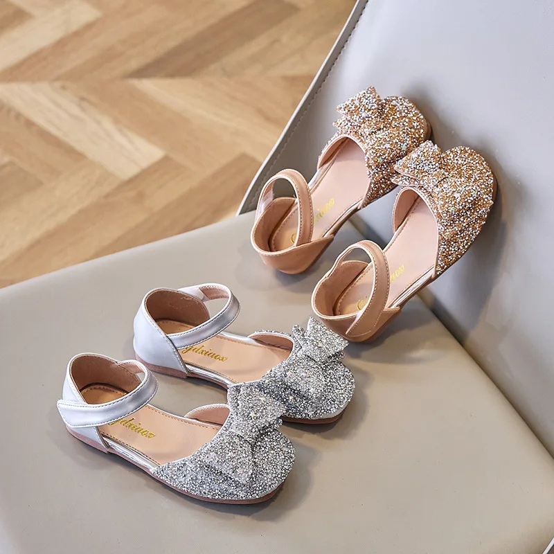 Girls Princess Shoes Little Girl Sequin Sandals Spring Summer Bow Flats Shoes Fashion Glitter Children Wedding Sandals J213