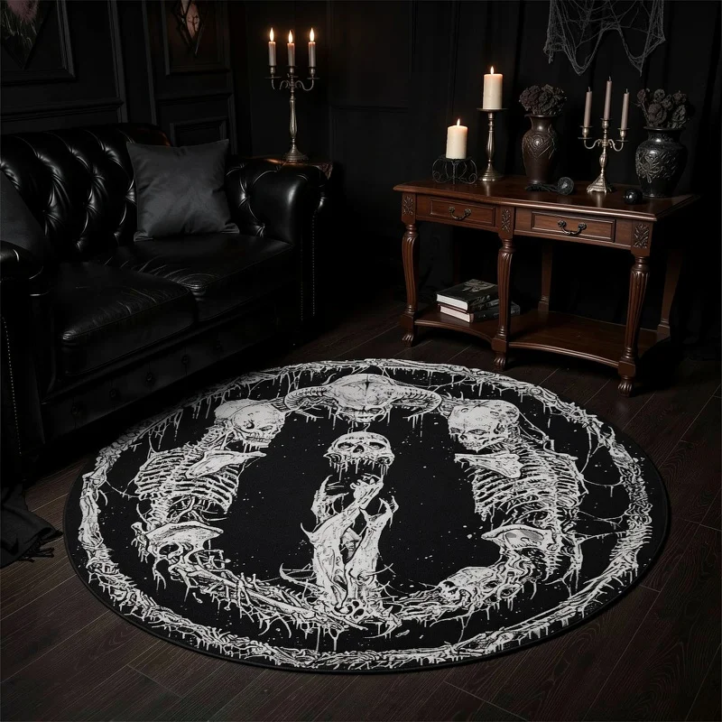 VIKAMA Gothic Skeleton Skull Round Area Rug Black White Dark Art Non‑Slip Circular Floor Mat for Bedroom Game Room Home Decor