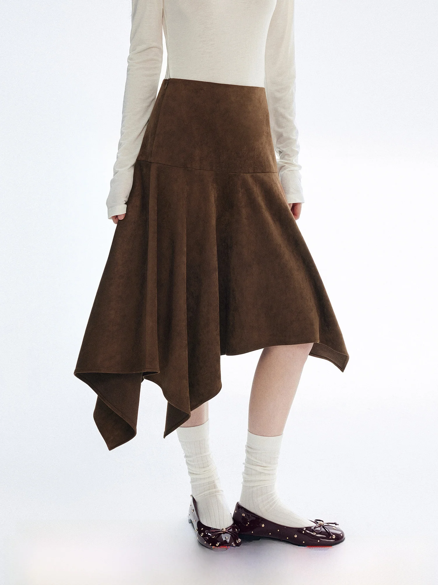 

Faionable Vintage Distred Faux Suede Asymmetrical Midi Skirt in Brown Bymolycho Casual Sle Mid-waist Polyester Fiber