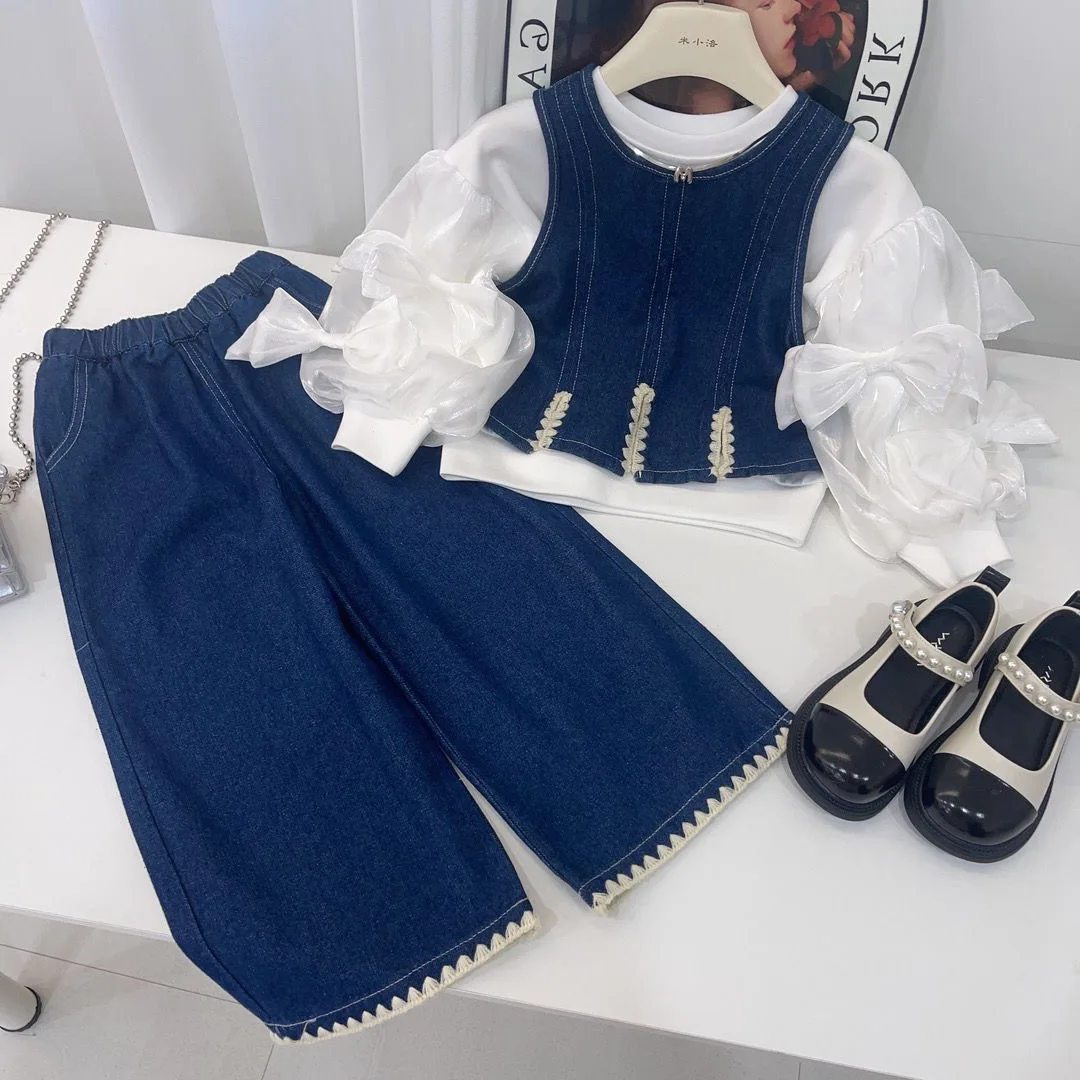 Spring Autumn Children Girl 3PCS Clothes Set Bow Lace Long Sleeve Top Denim Vest Solid Elastic Waist Flared Pant Kid Girl Outfit