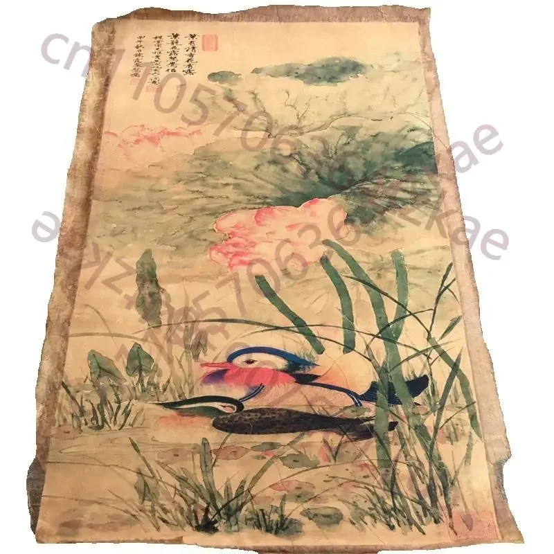 Pergamino chino antiguo con la obra del pintor Wu Hufan, imagen del loto y el pato mandarín, pintura en papel de arroz, cuadro decorativo