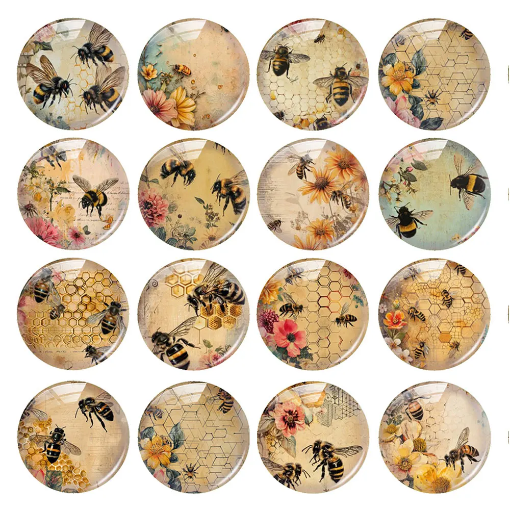 Random Mixed Round/Oval/Square Vintage Honeycomb Bee Floral Photo Glass Cabochon Flatback Demo Cameo For Diy Jewelry Making