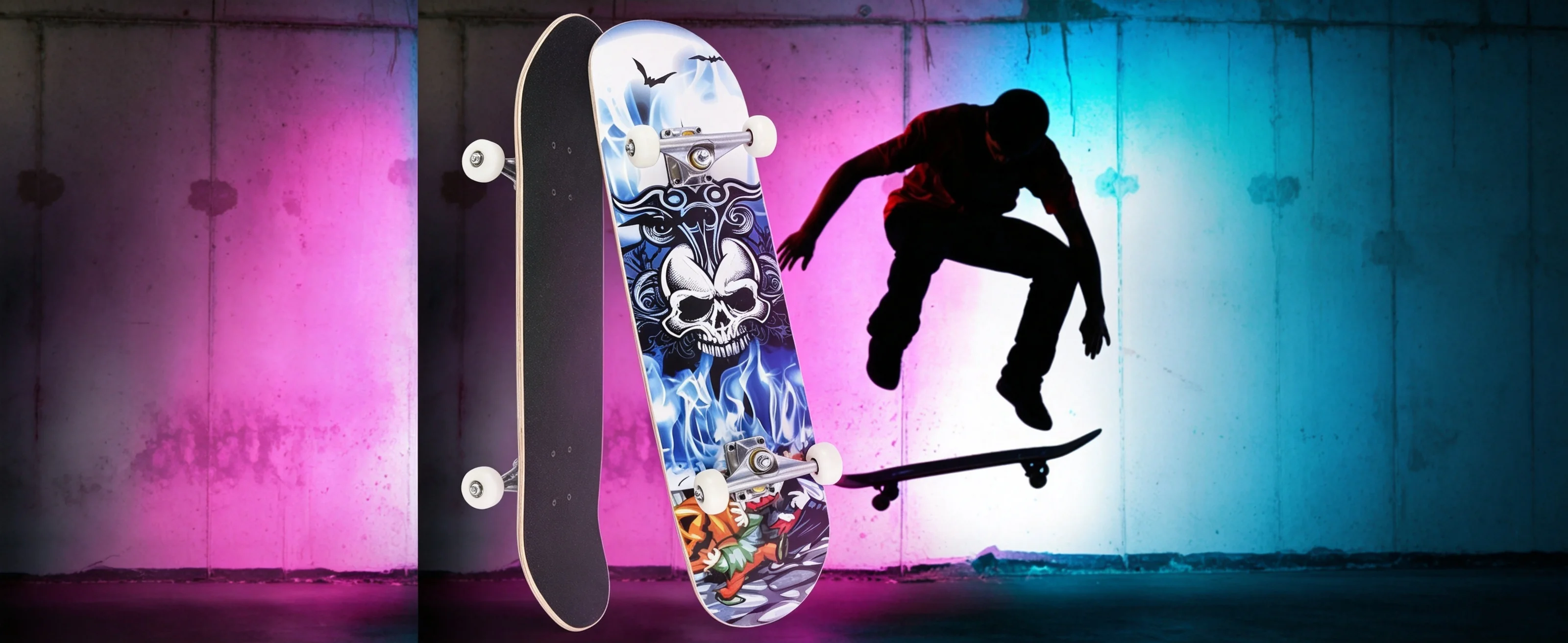 Skateboard für Kinder, Jugendliche und Erwachsene mit Abec-7-Kugellagern, 85A Anti-Rutsch-Glanz, Muet Funboard-Rad für Anfänger, Totenkopf-Muster – Detail 1