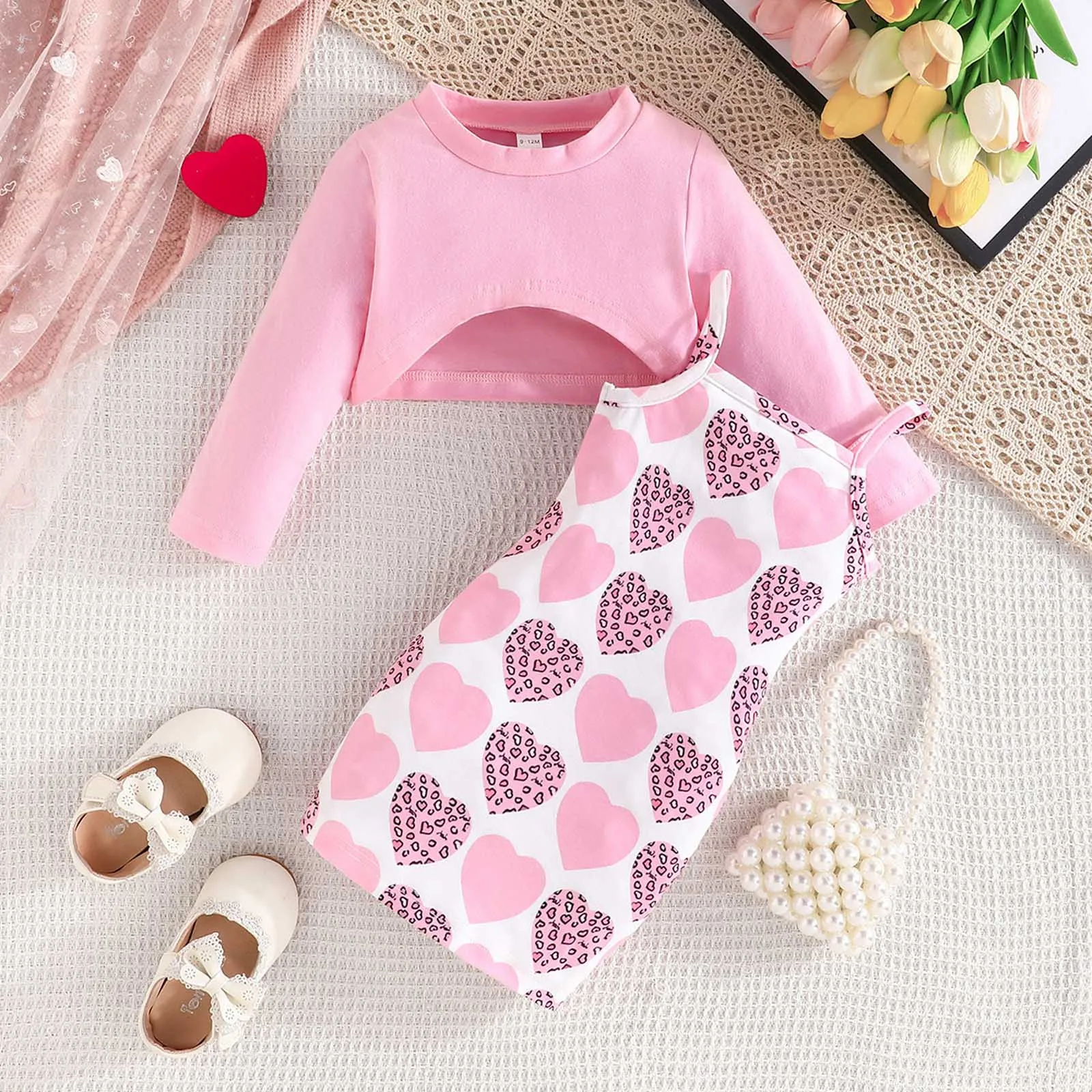 Toddler Girls' Clothes Sets Solid Color Long Sleeved Crop Top Heart Shaped Printed Camisole Skirt Sets Kids Girls Two Piece Sets