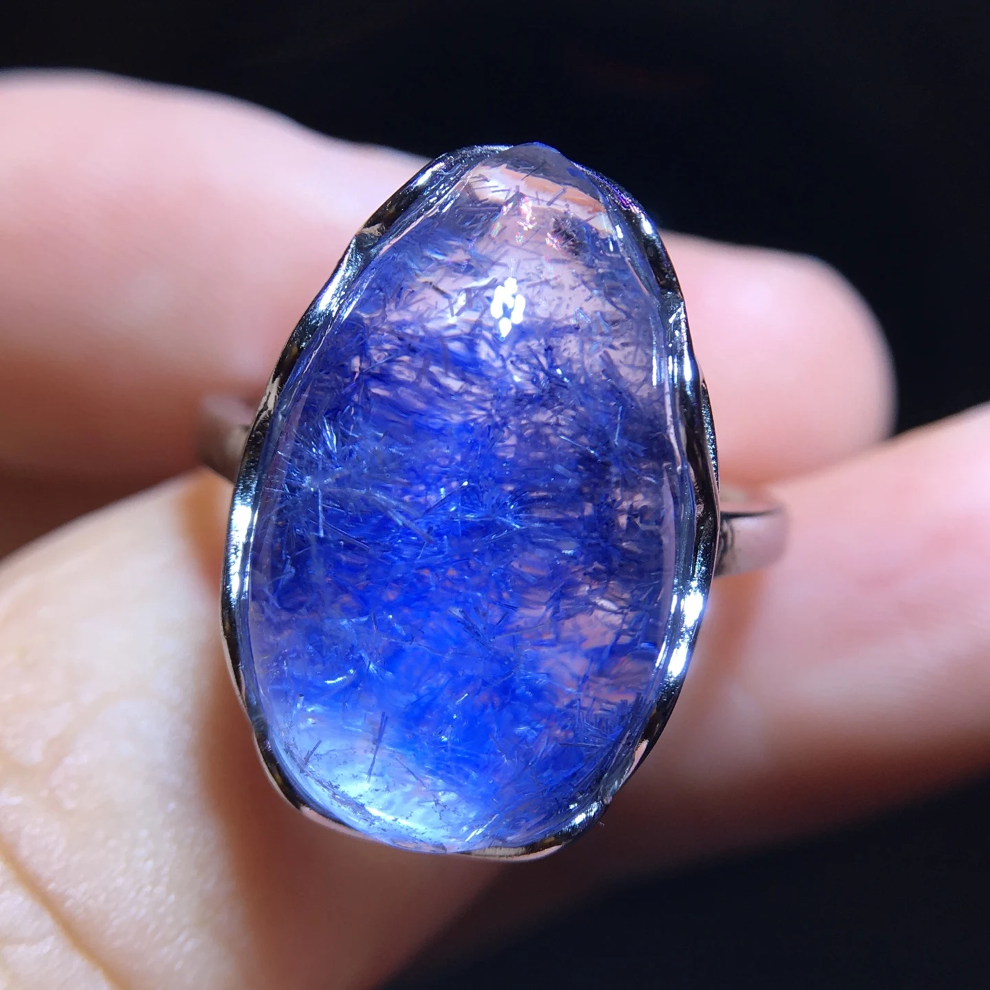 Natural Blue Rutilated Flower Adjustable Ring 19.8/12.2mm Woman Men Ring Rutilated Jewelry AAAAAAA