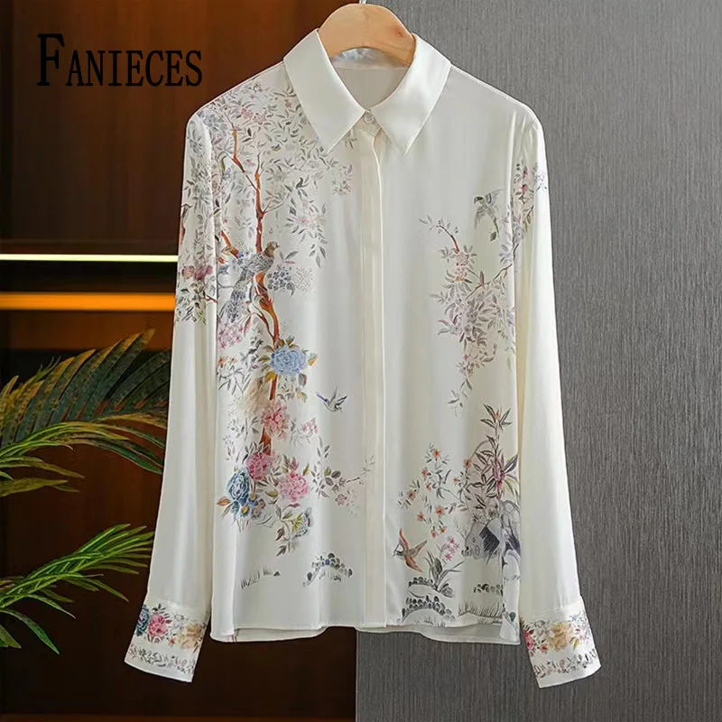 

FANIECES Luxury Print Women Shirt Bow Tie Turn-down Collar Satin Blouse Elegant Ladies Top Office Workwear camisas y blusas