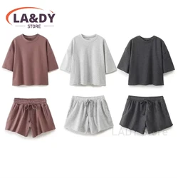 T-Shirt Sets Women 2024 Summer Fashion Loose O Neck Short Sleeve Ribbed Hoodie + Solid Color Casual Lacing Shorts Suits Female