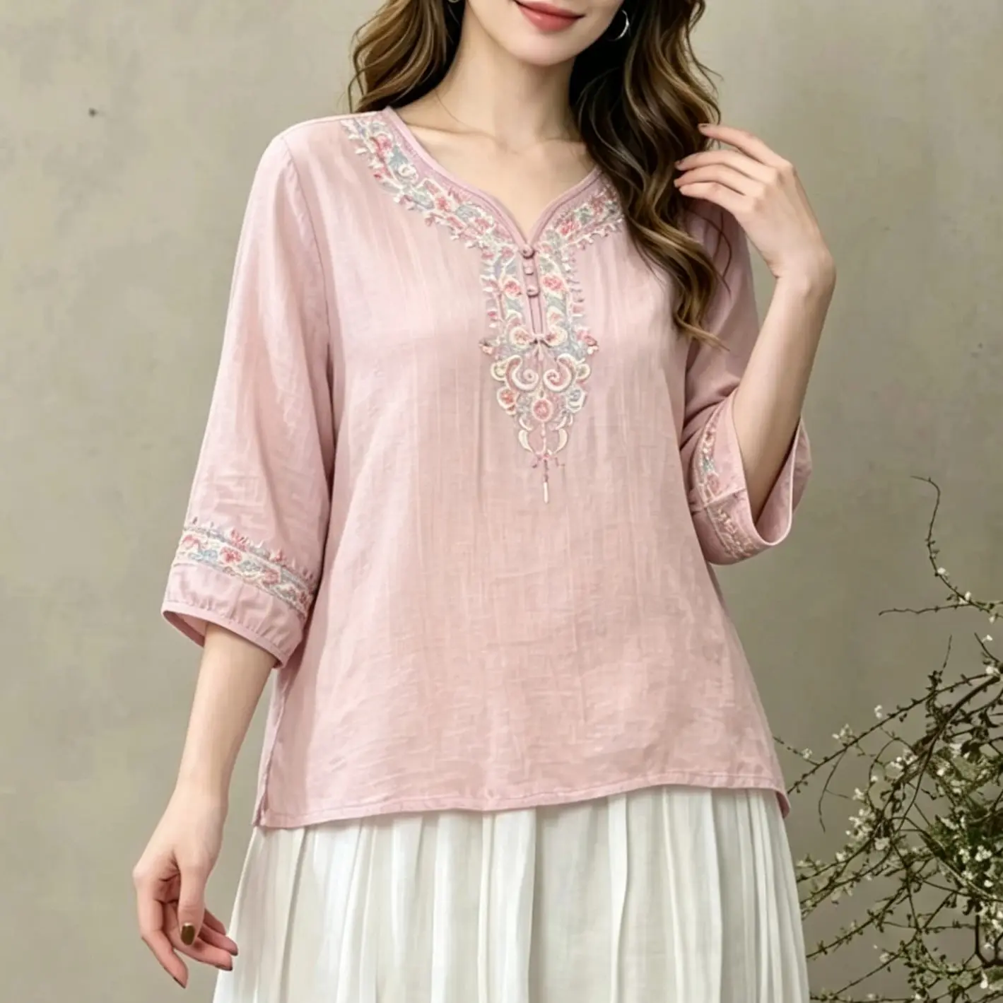 

Retro V-neck Embroidered Cotton Linen Women's T-shirt Summer New Style plus Size Cover Belly Base Shirt Comfortable Fit