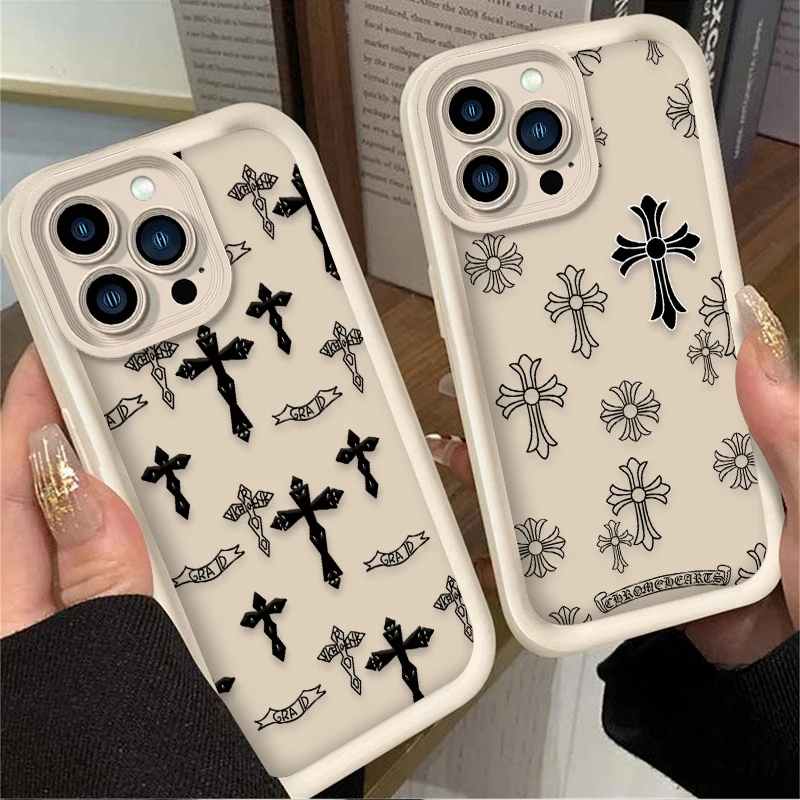 Luxury Black Cross Print Phone Case for IPhone 16 15 14 13 12 11 Pro Max Mini XR XS X 7 8 Plus Soft TPU Back Cover