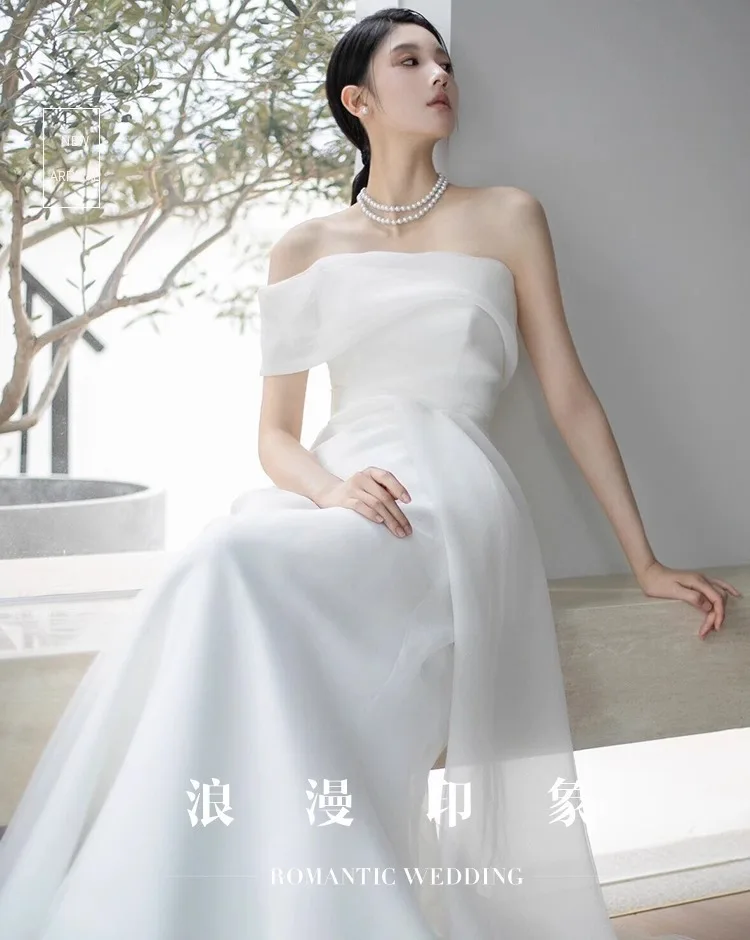 Elegante off-shoulder Korea A-lijn trouwjurken gelaagde organza bruidsjurk aangepaste foto's schieten plooi bruid feestjurk vestido