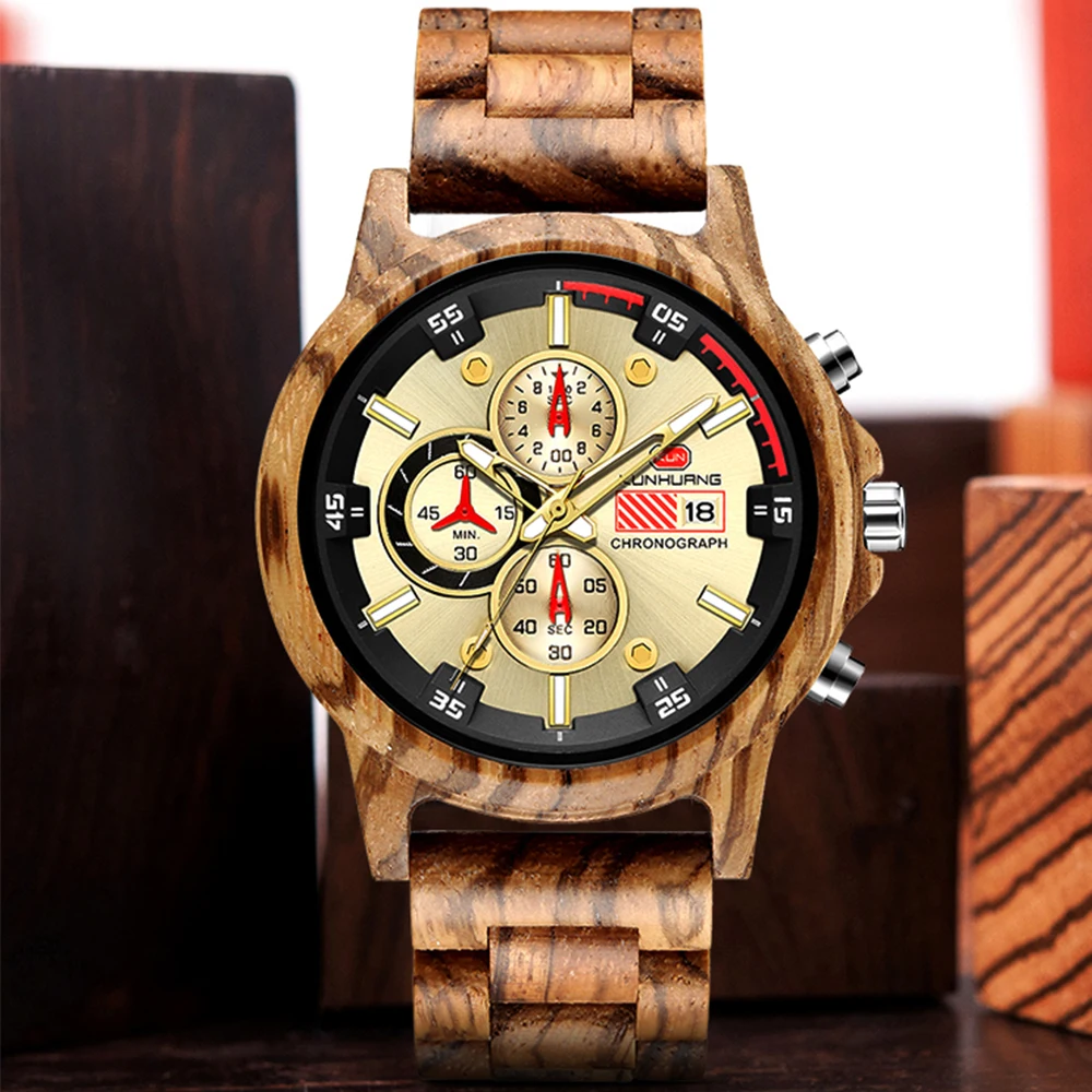 KUNHUANG Authentic Men's Luxury Watch Natural Wooden Handmade Watches Quartz Movement Chronograph Zebra Wood Case Wristwatch