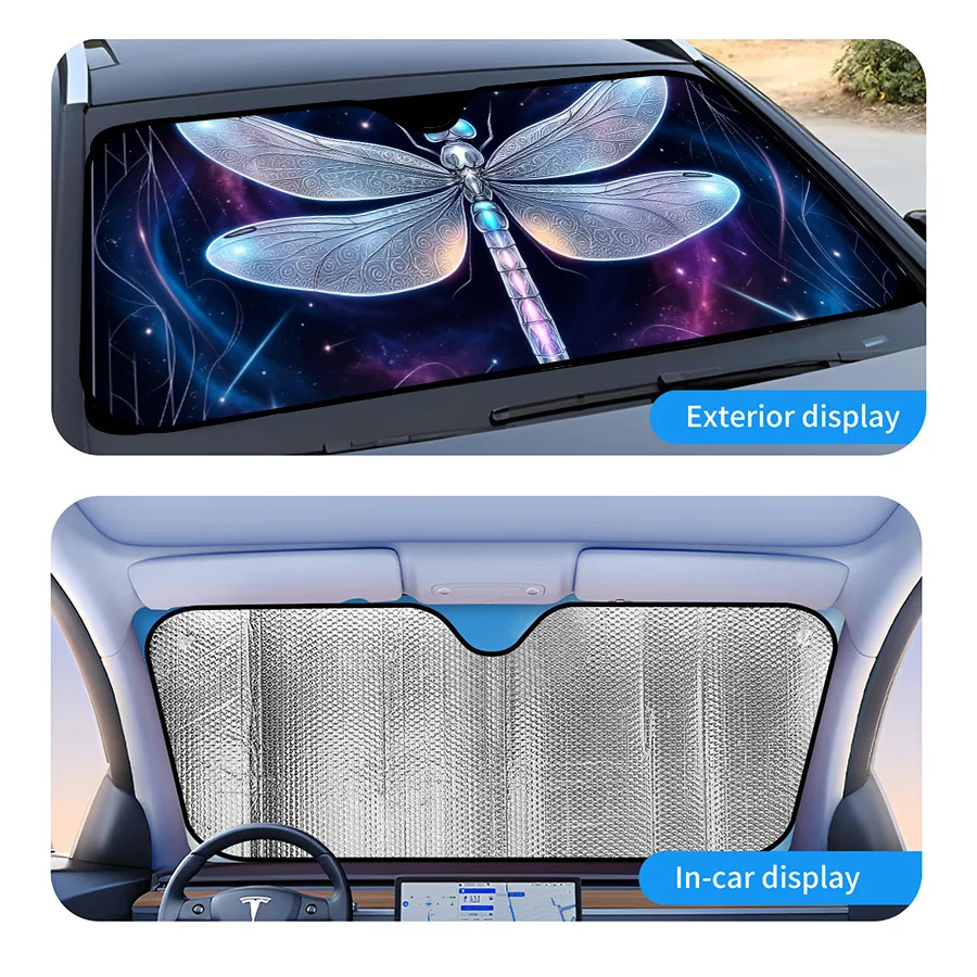 Multi-Functional Foldable Car Window Sunshade With 3 Sizes, Decorative Dragonfly Pattern And Starry Space Design, UV Protection