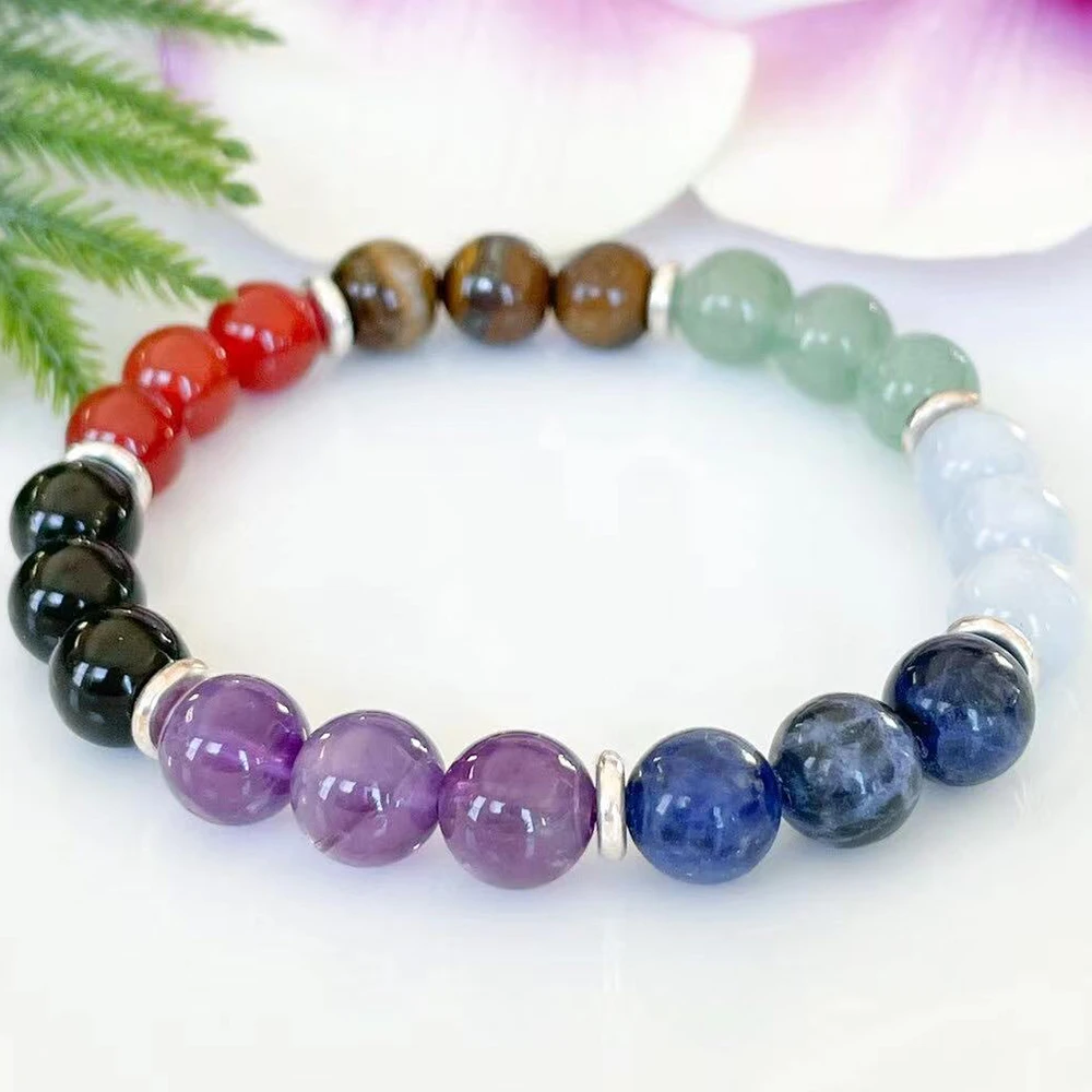 MG1916 New 7 Chakra Gemstone Handmade Bracelet Womens Black Tourmaline Energy Wrist Mala Yoga Jewelry