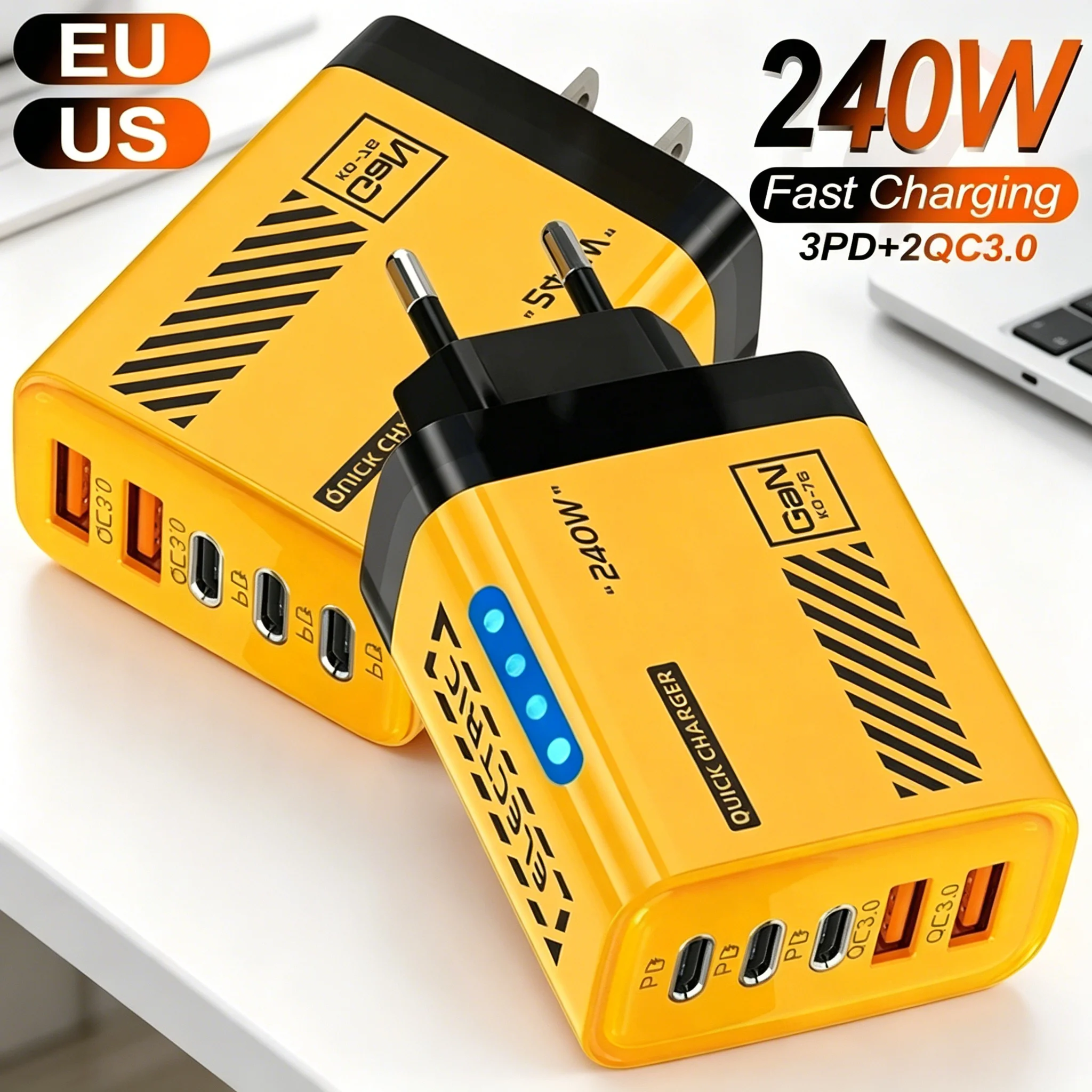 Cargador USB GaN de 240W con 5 Puertos, Adaptador de Corriente de Carga Rápida Tipo C, Enchufe de Pared EU/US, Cargador QC3.0 para iPhone 17 Pro, Samsung, Xiaomi