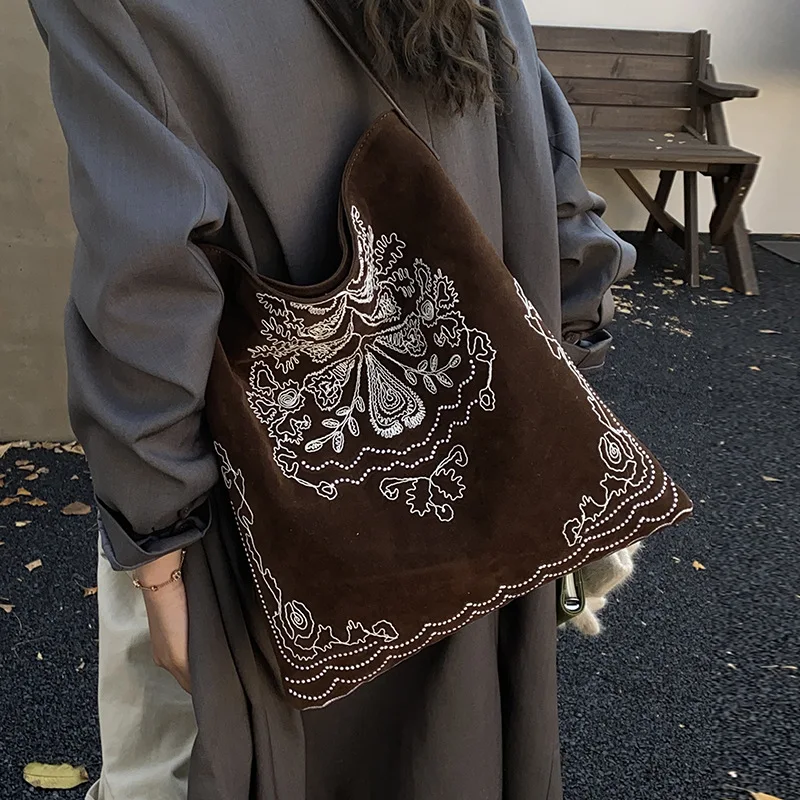 حقيبة يد مطرزة لعام 2025 للنساء، حقيبة كتف كبيرة بوهو شيك، متسوق قماش مريح بغرز زهور، نمط مريح #4