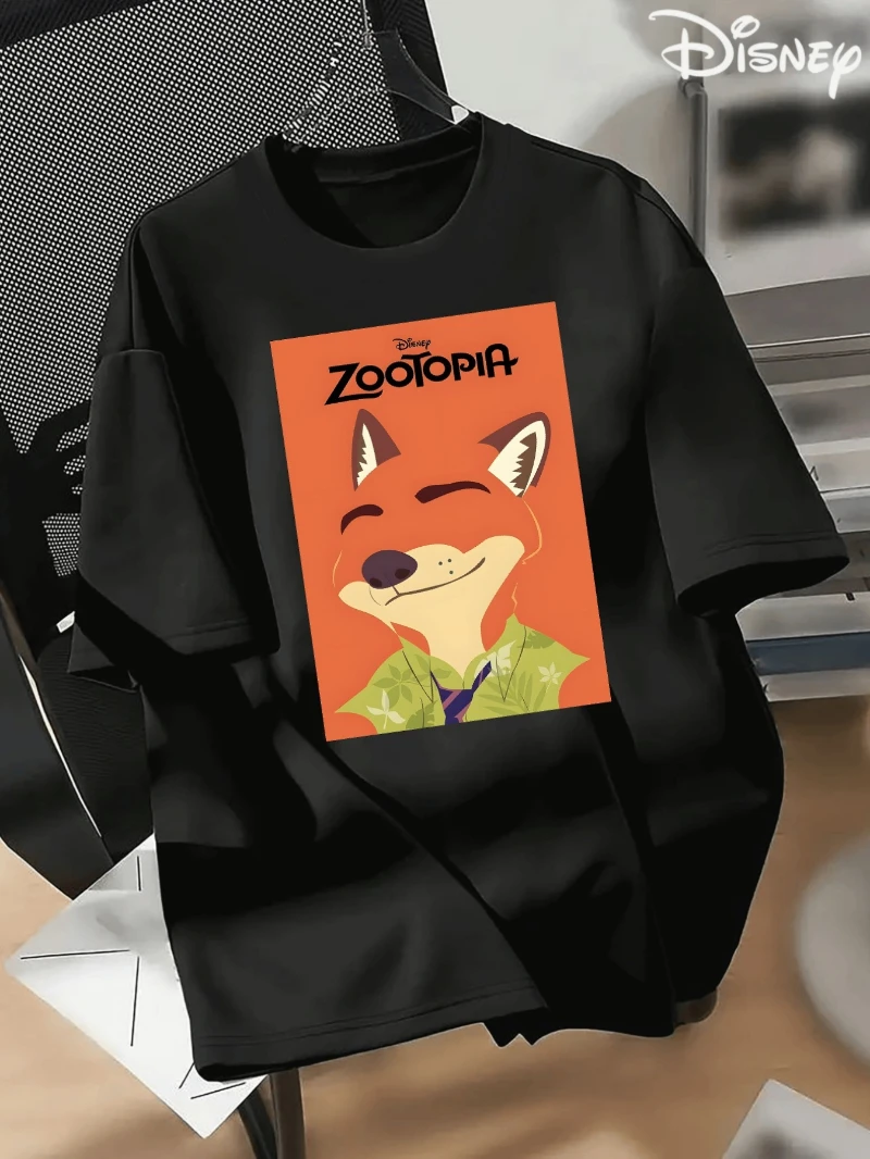 Disney Zootopia Nick Wilder Men's Pattern T-shirt - Happy Cartoon Fox Printed Short Sleeve Top, Breathable Summer Casual Shirt