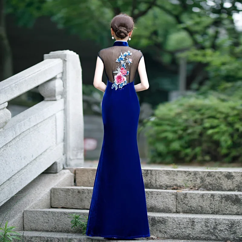 

Retro Sleeveless Embrodiery Applique Velour Mermaid Qipao Drop Collar Gold Velvet Hight Split Cheongsam Chinese Women Dress