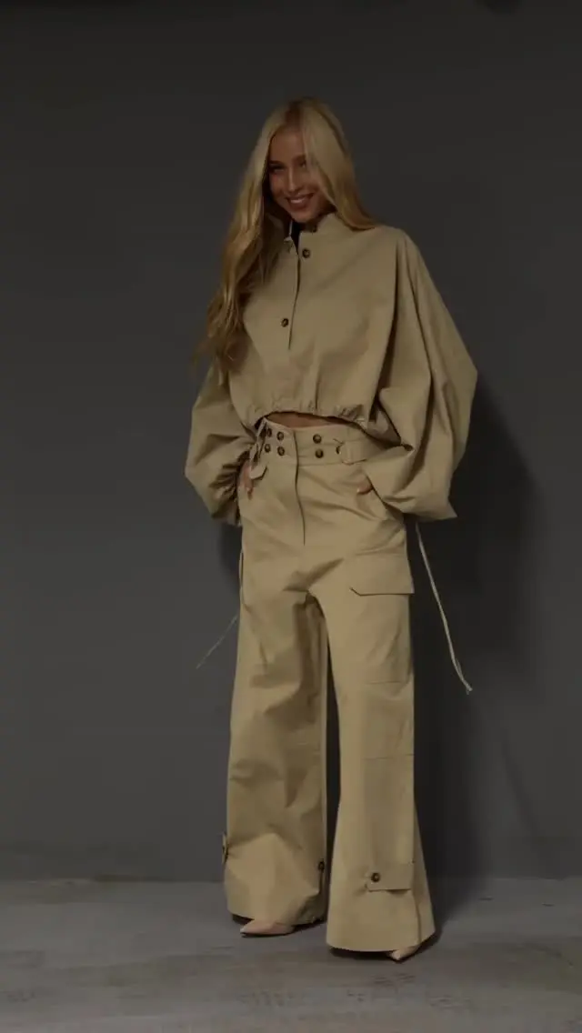 Khaki Stand Collar Lantern Sleeve Cropped Cargo Pant Sets Women's High Waist Button Outfits 2026 Autumn Daily Party Coordinates