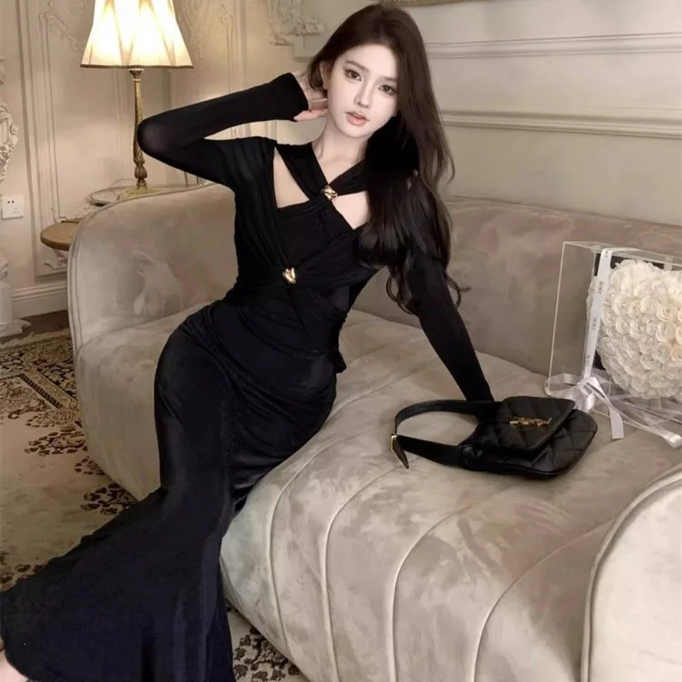 Sexy Black Cross Hollow out Design Long Dress Women's Elegant Lady Style Bodycon Fish Tail Dress for Autumn Season