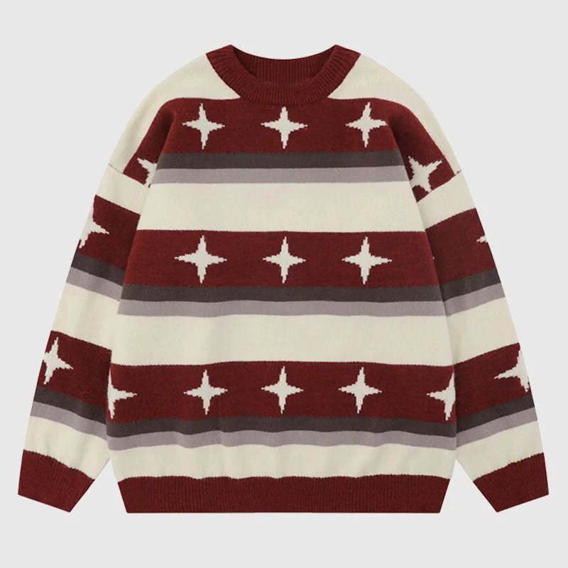 2024k Winter New Fashion Stripe Hot Selling Women's Star Pattern Round Neck Winter Outdoor Printed Women's Warm Sweater