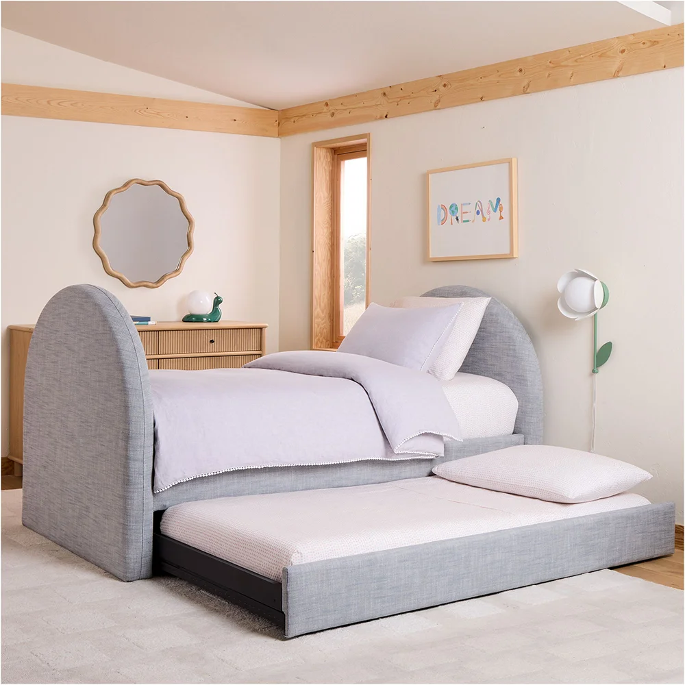 Custom Modern Upholstered Twin Size 2 Layer Platform Bunk Bed with Soft Headboard Wood Kid Bedroom Home Children Furniture Set