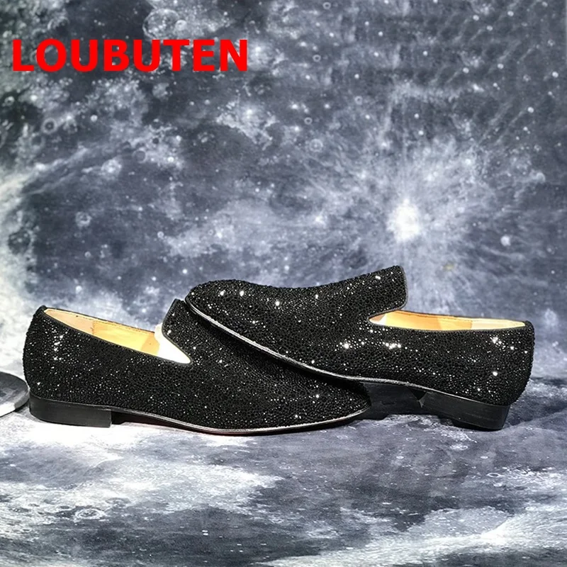 LOUBUTEN New Arrival Men Rhinestone Shoes Luxury Loafers Handmade Slip On Flats Summer Party And Wedding Shoes Dress Shoes