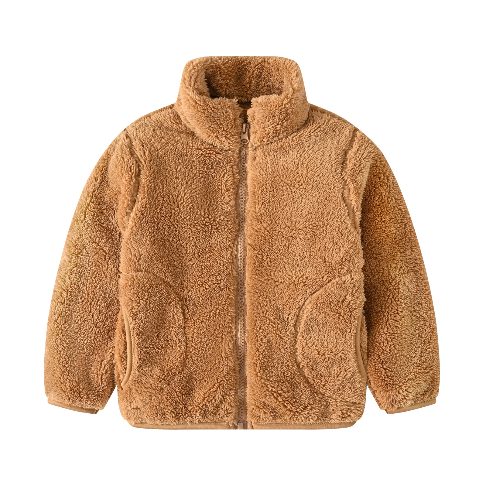 New Autumn and Spring Children's Warm Fleece Solid Color Stand-Up Collar Pocket Long-Sleeve Fashionable Versatile Jacket