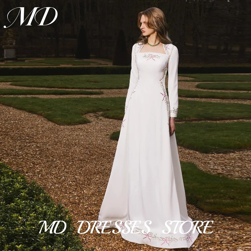 

MD Princess Embroidery Wedding Dress Illusion Square Collar Long Sleeve Bridal Gown Floor-Length Vestido De Noiva Customized2025