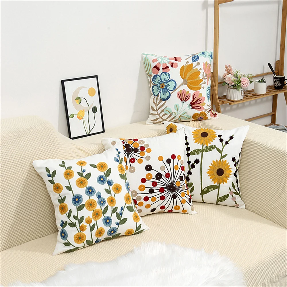 Canvas Towel Embroidered Pillowcase 45*45cm Flower Plant Style Square Throw Pillow Cushion Case for Couch Living Room Home Decor