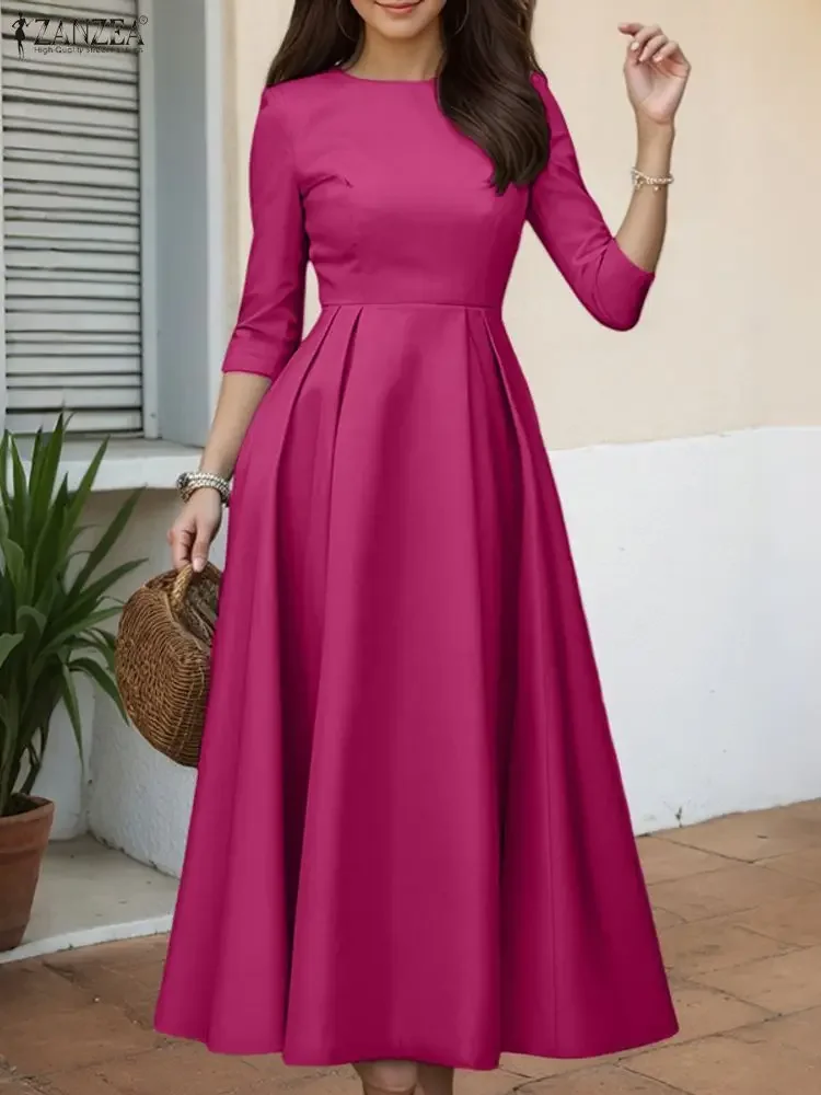 

ZANZEA European Style Women Dress Office Work Elegant Sundress 2025 Fashion 3/4 Sleeve A-Line Party Vestido Long Robe
