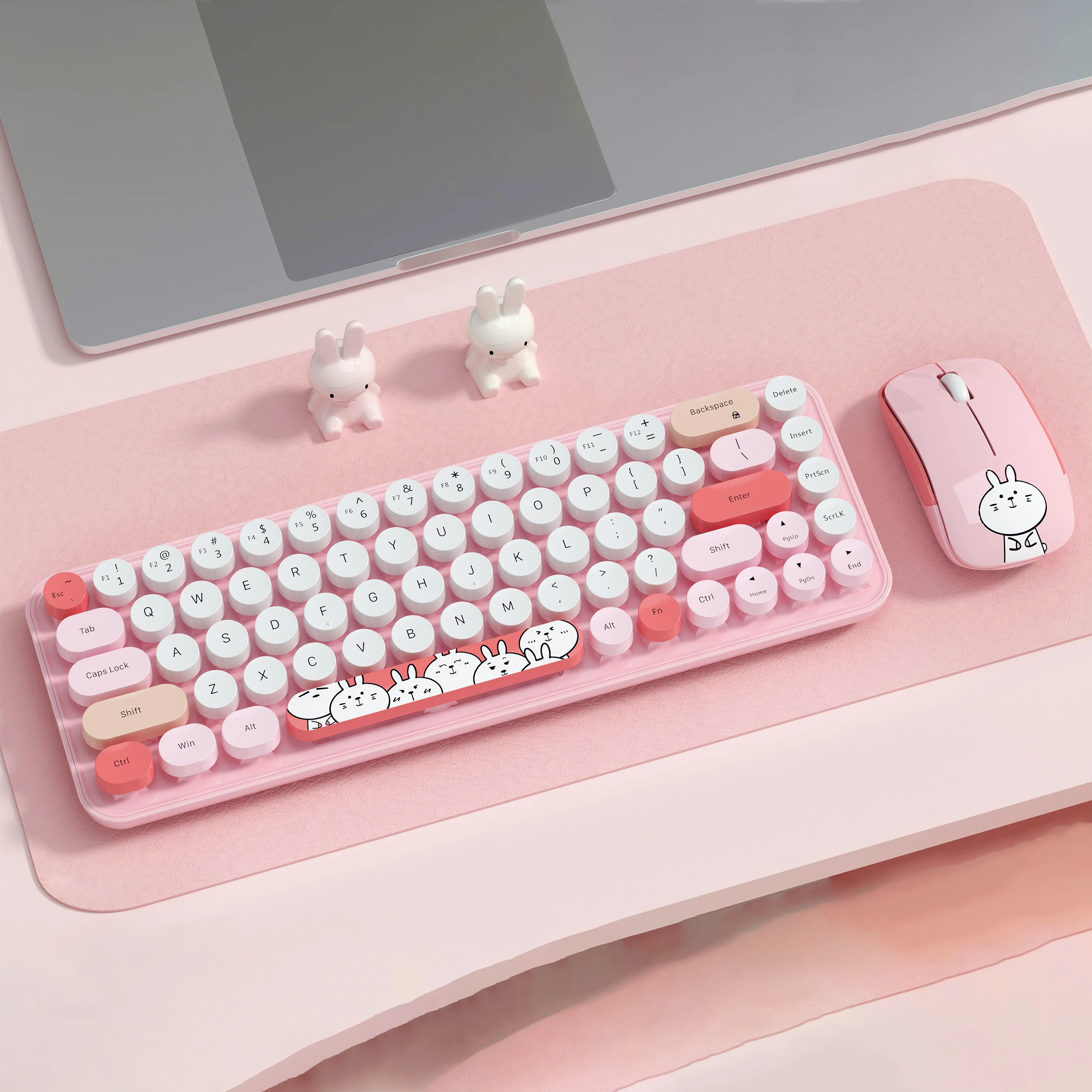 MOFII idol Pro Wireless Keyboard and Mouse Combo, Pink Cute Bunny Round Keycaps, US QWERTY Layout,for Girls Laptop Desktop
