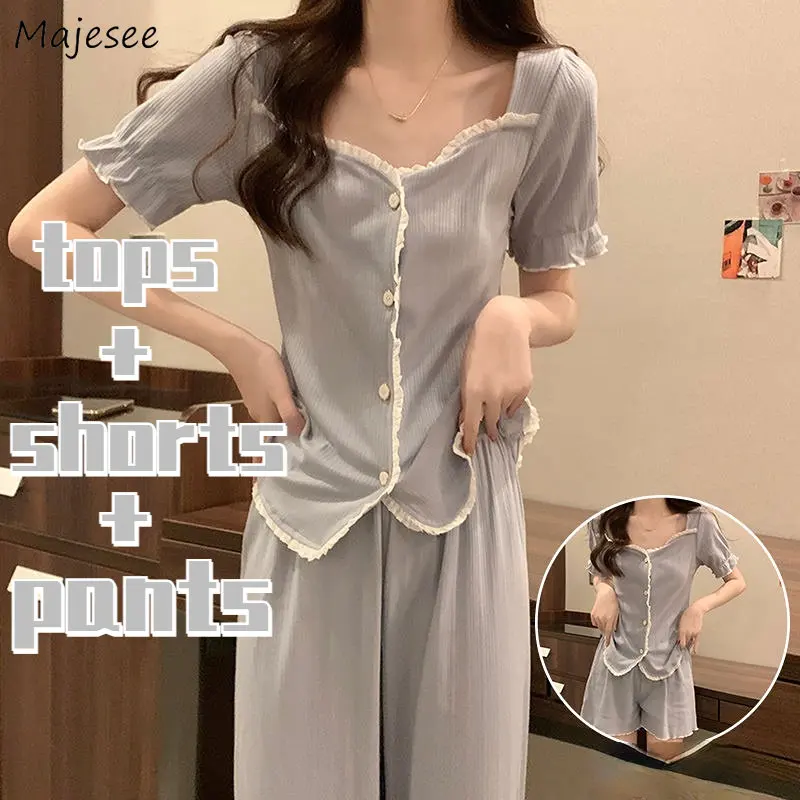 Pajama Sets Women Square Collar Solid Summer Simple New Female Edible Tree Fungus Fashion All-match Breathable Home Cozy Casual