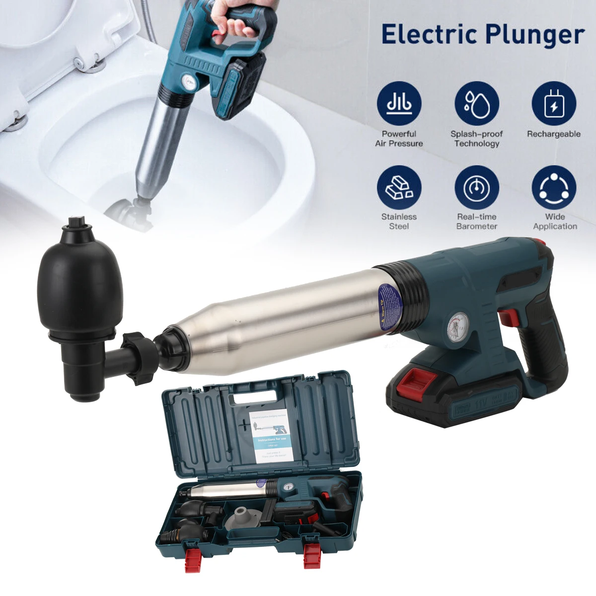 Plunger Toilet tekanan tinggi, alat saluran udara, pembersih pipa wastafel, Blaster listrik, Multi fungsi