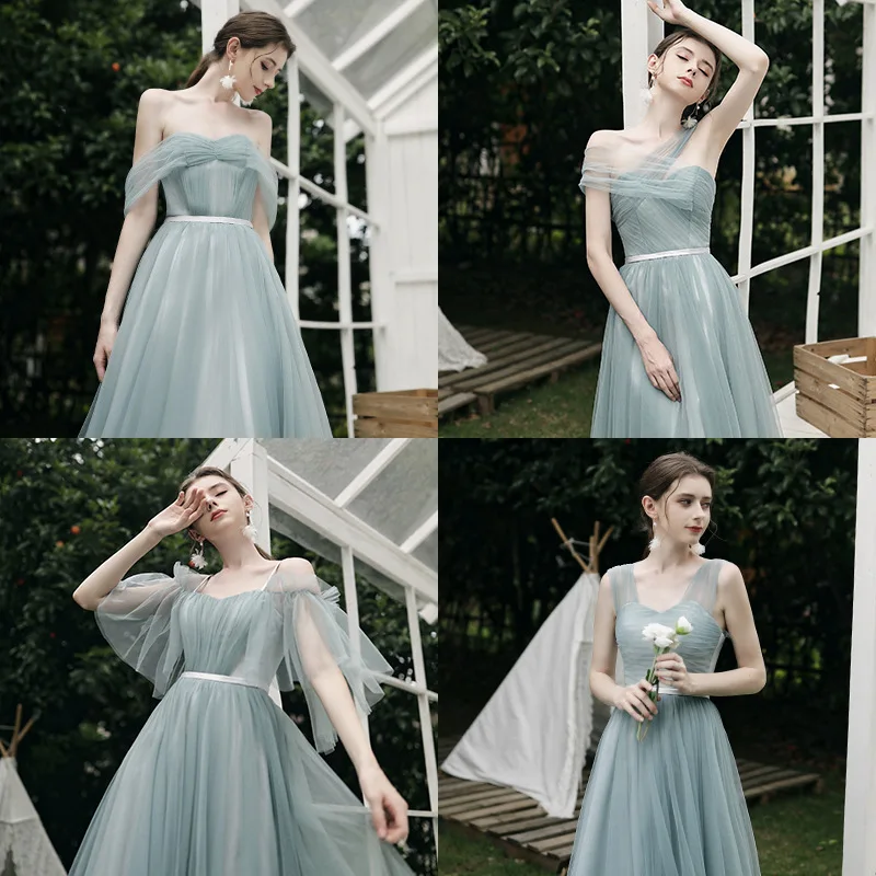 4 Styles Off Shoulder Bridesmaid Dress Slim Fit Lace Up Simple Long   Banquet Dresses A-Line Tulle Wedding Female Guest Gown