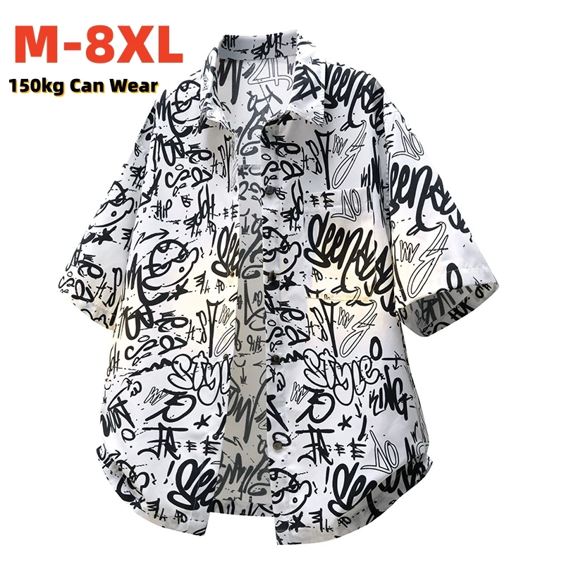 

Male Printed Shirts Casual Office Wear Summer Holiday Beach Hawaii Tee Tops Fashion Fat Man Plus Size 8XL Loose Breathable Shirt